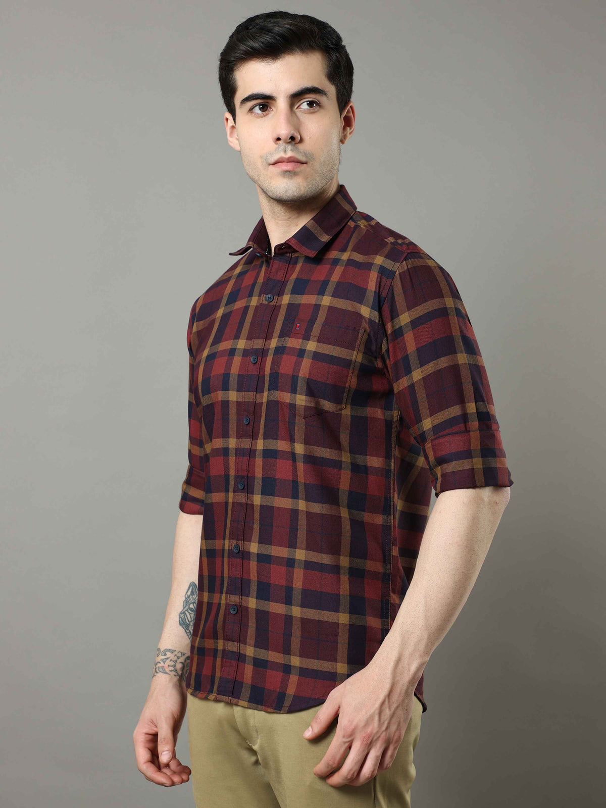 Shop Men's Rust Slim Fit Cotton Casual Checks Shirt Online.