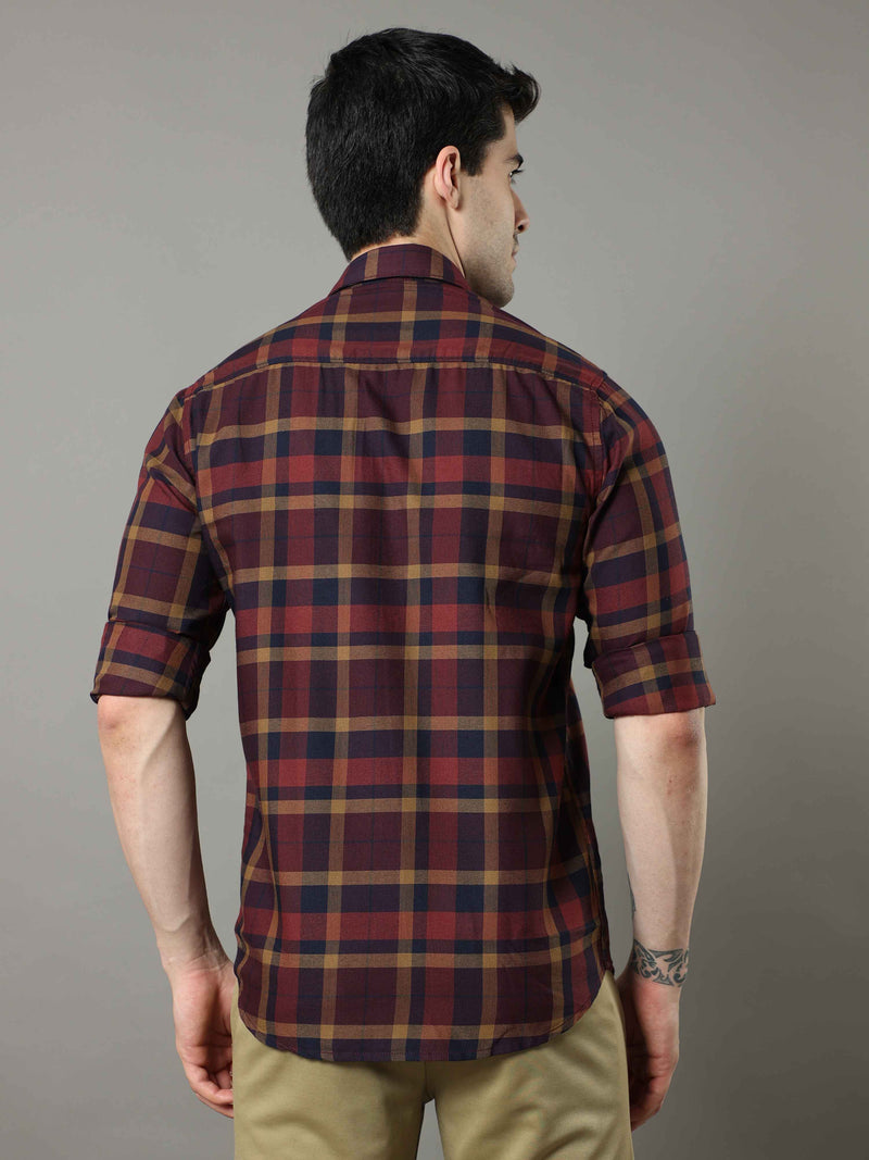 Shop Men's Rust Slim Fit Cotton Casual Checks Shirt Online.