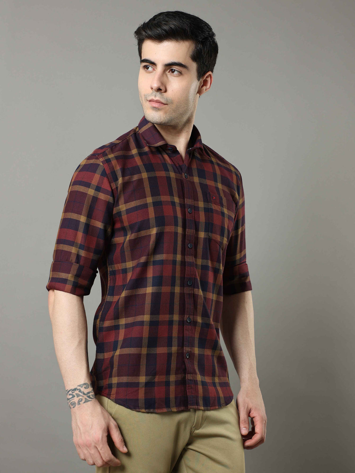 Shop Men's Rust Slim Fit Cotton Casual Checks Shirt Online.