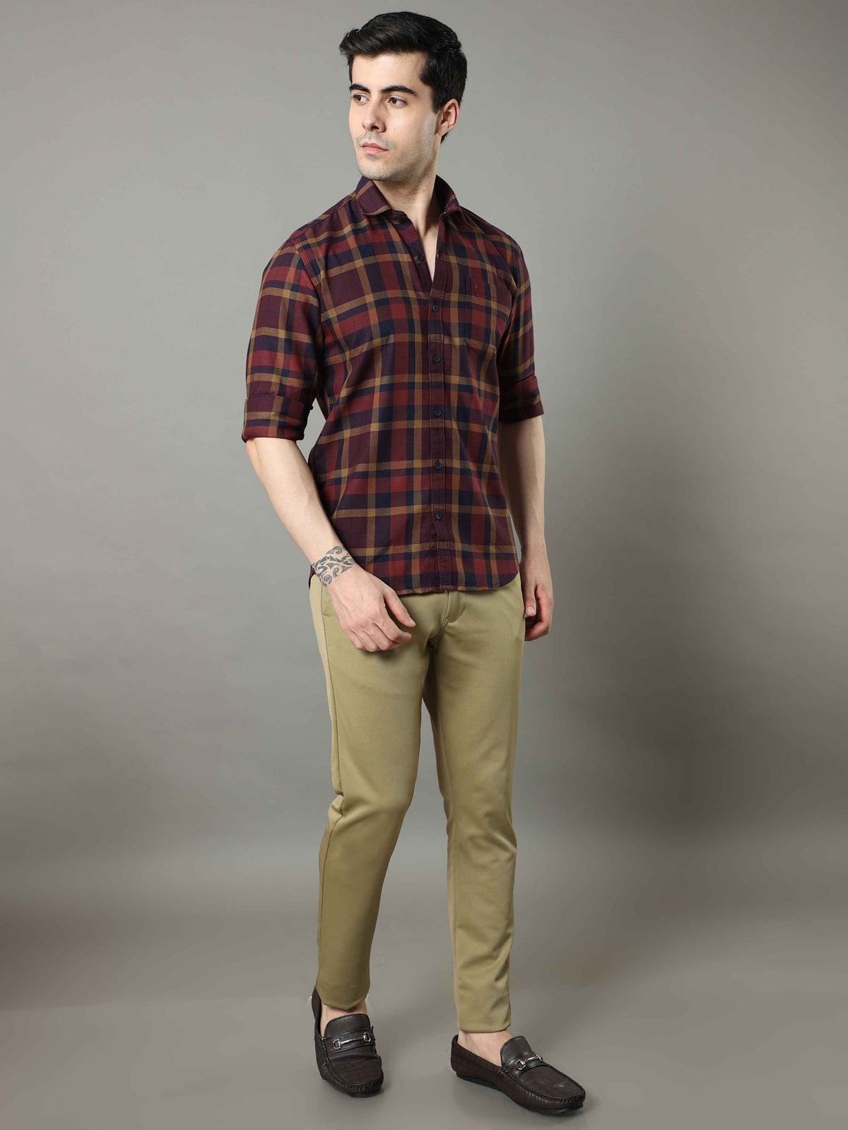 Shop Men's Rust Slim Fit Cotton Casual Checks Shirt Online.