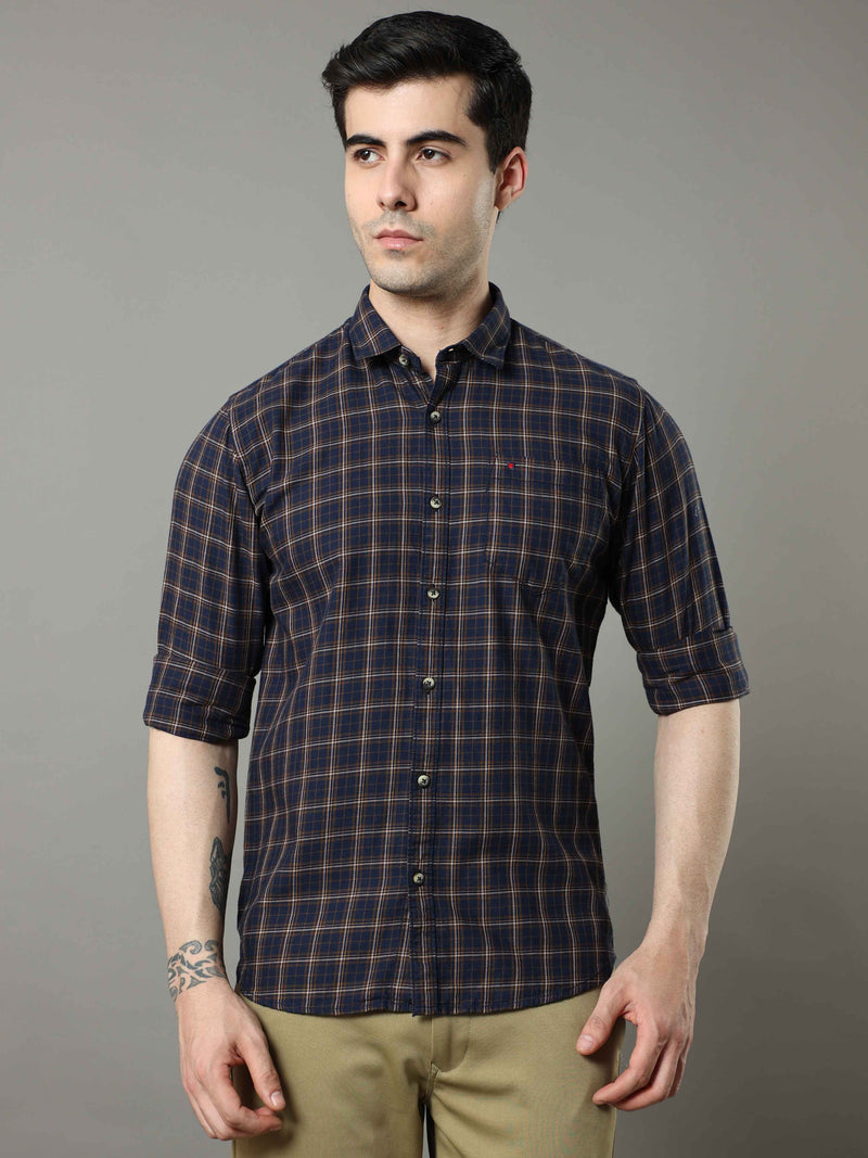 Shop Men's Navy - Mustard Slim Fit Cotton Casual Checks Shirt Online.