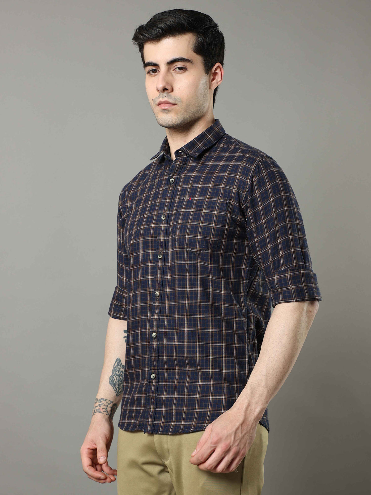 Men's Navy Mustard Slim Fit Checks Full Sleeves Casual Shirts