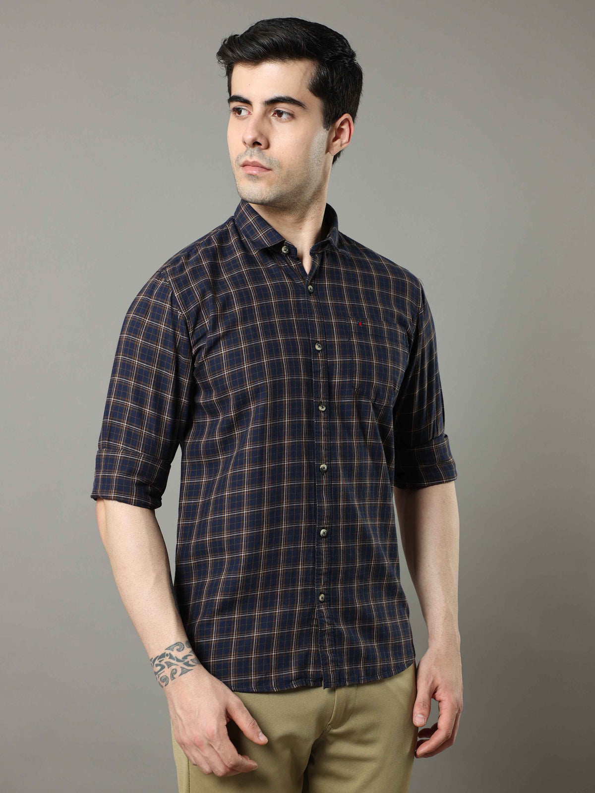 Shop Men's Navy - Mustard Slim Fit Cotton Casual Checks Shirt Online.