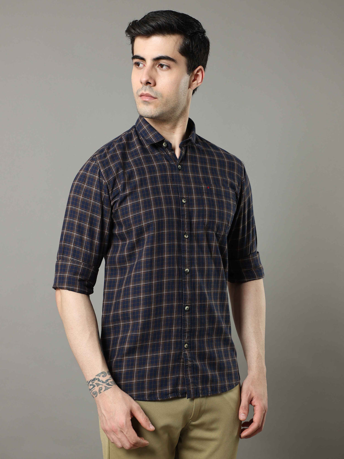 Men's Navy Mustard Slim Fit Checks Full Sleeves Casual Shirts