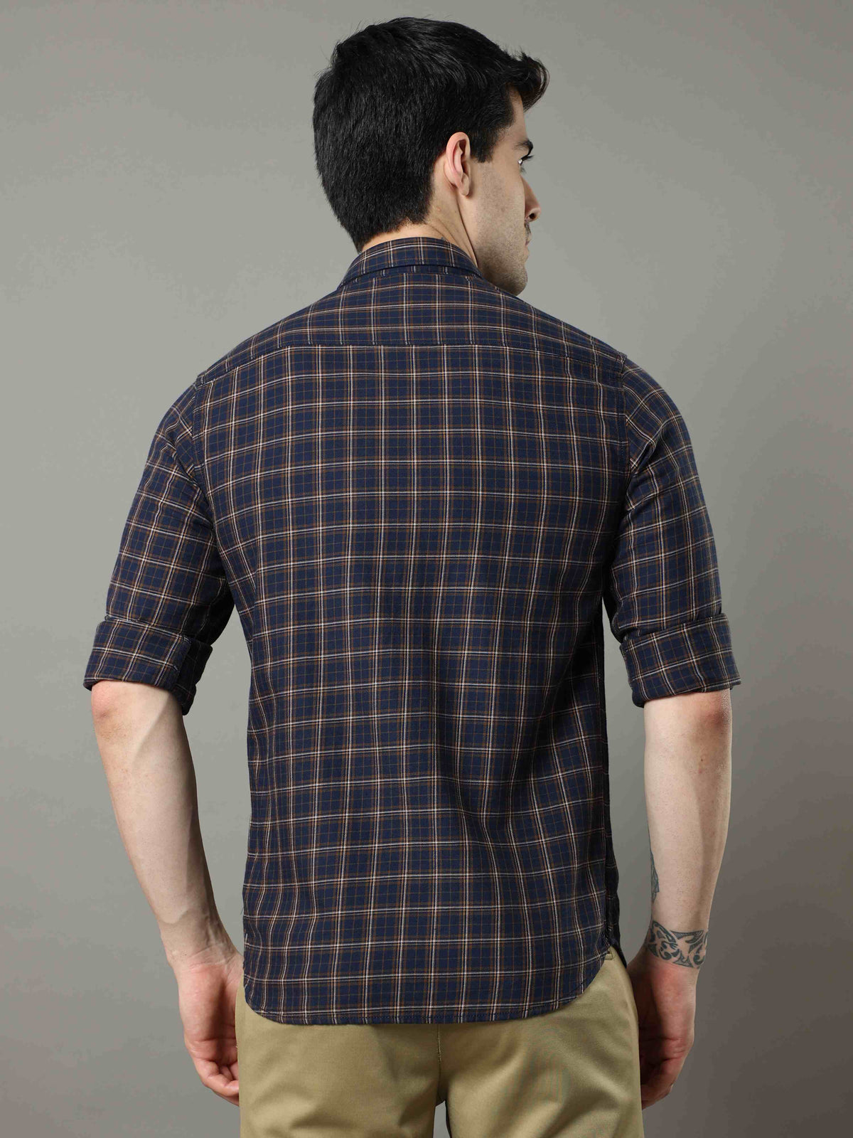 Shop Men's Navy - Mustard Slim Fit Cotton Casual Checks Shirt Online.