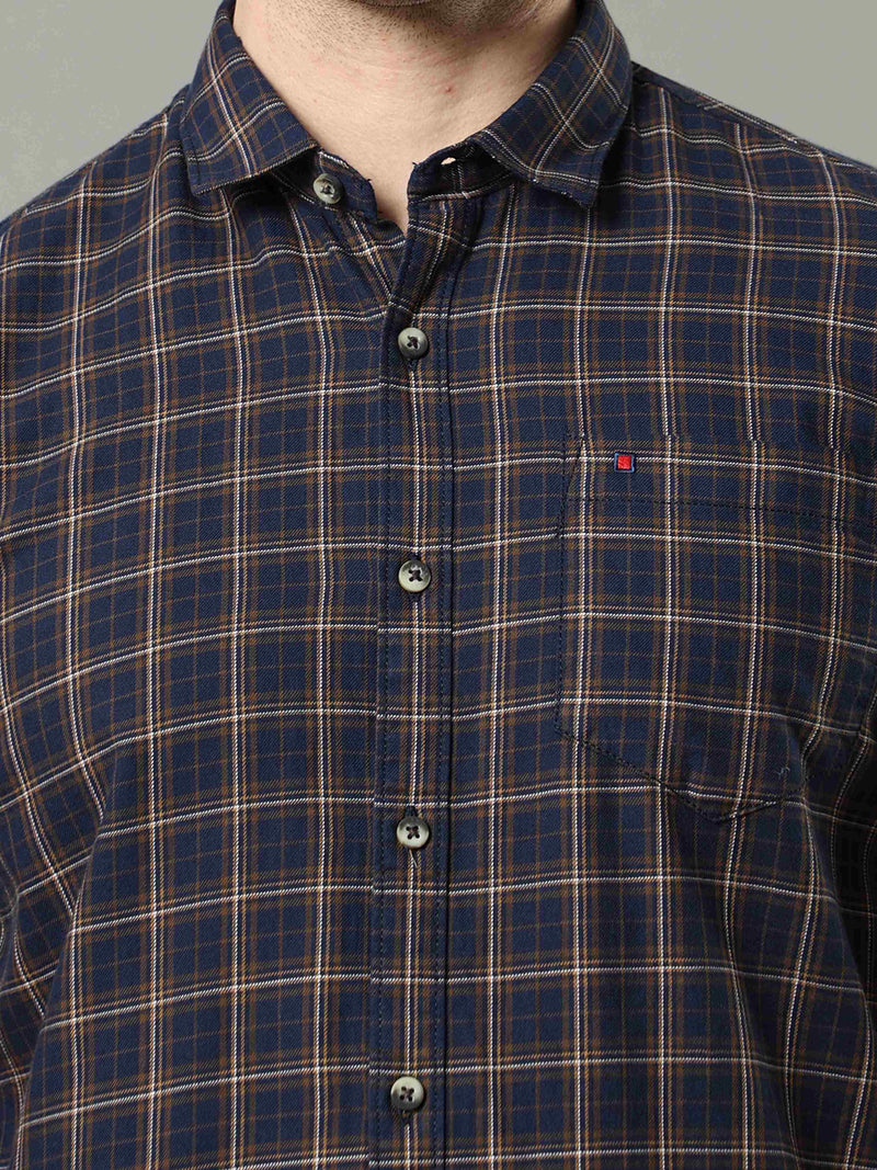 Shop Men's Navy - Mustard Slim Fit Cotton Casual Checks Shirt Online.