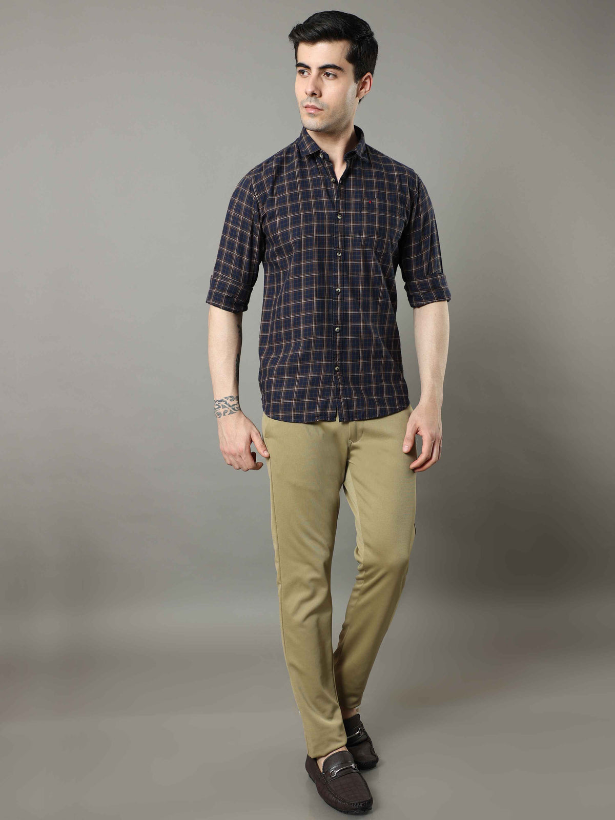 Shop Men's Navy - Mustard Slim Fit Cotton Casual Checks Shirt Online.