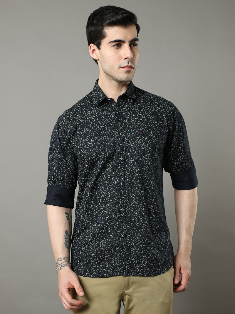 Shop Men's Navy Slim Fit Cotton Casual Printed Shirt Online.