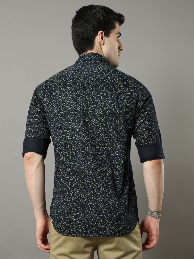 Shop Men's Navy Slim Fit Cotton Casual Printed Shirt Online.