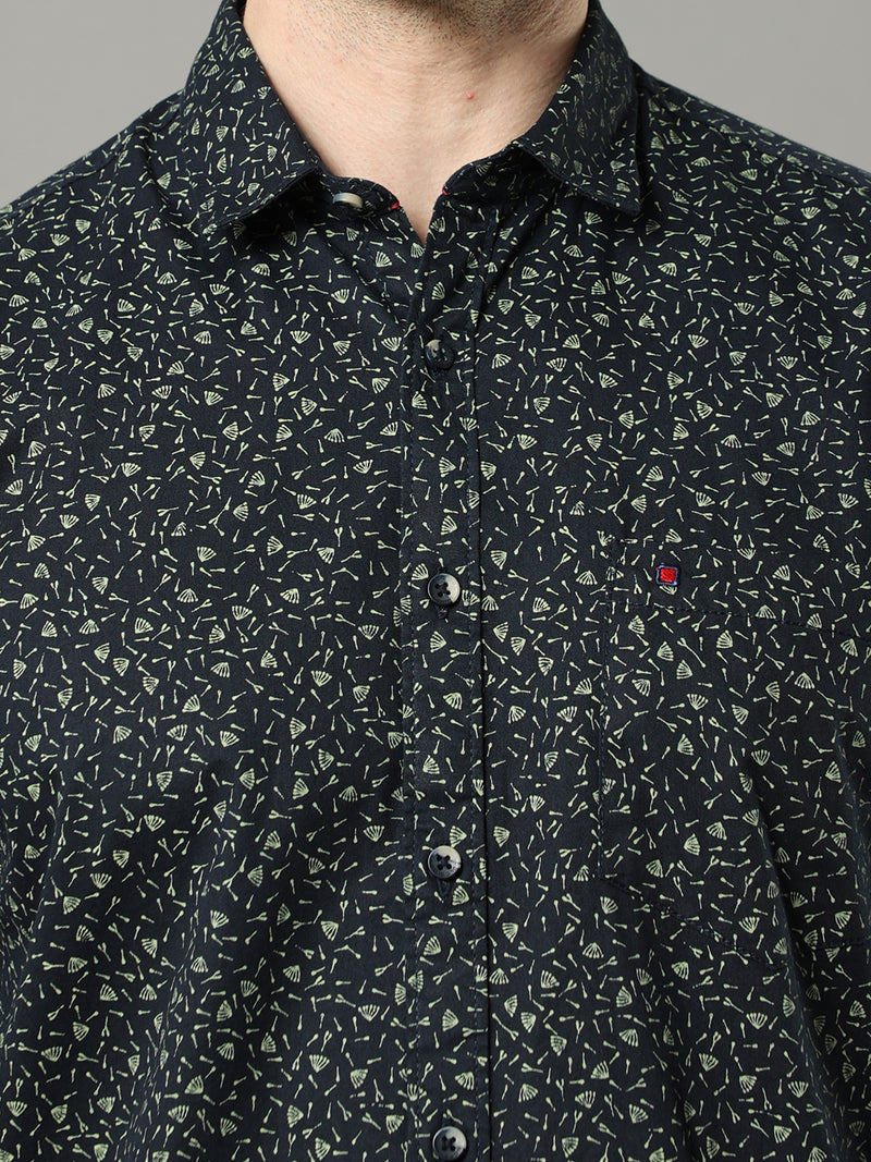 Shop Men's Navy Slim Fit Cotton Casual Printed Shirt Online.