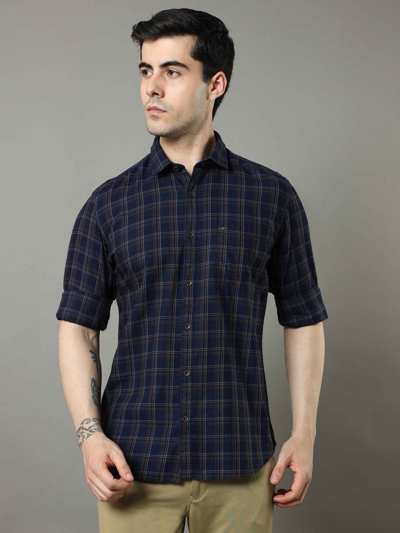 Shop Men's Navy - Mustard Slim Fit Cotton Casual Checks Shirt Online.