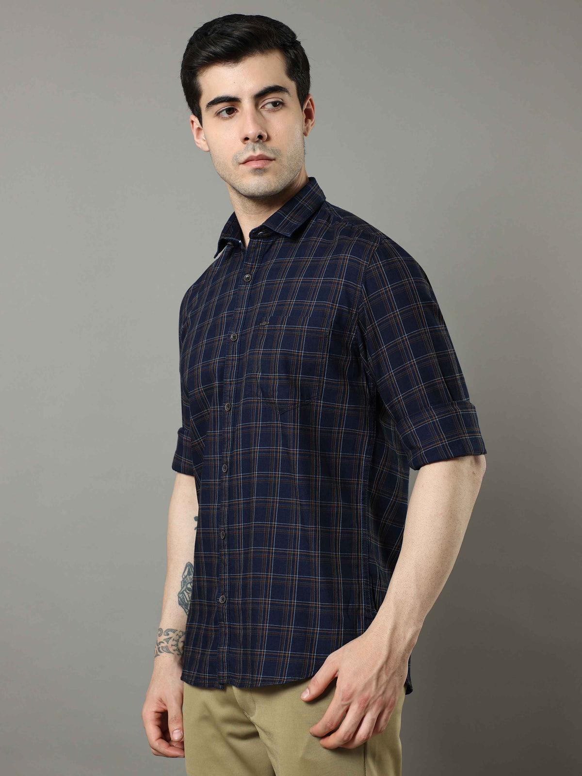 Shop Men's Navy - Mustard Slim Fit Cotton Casual Checks Shirt Online.