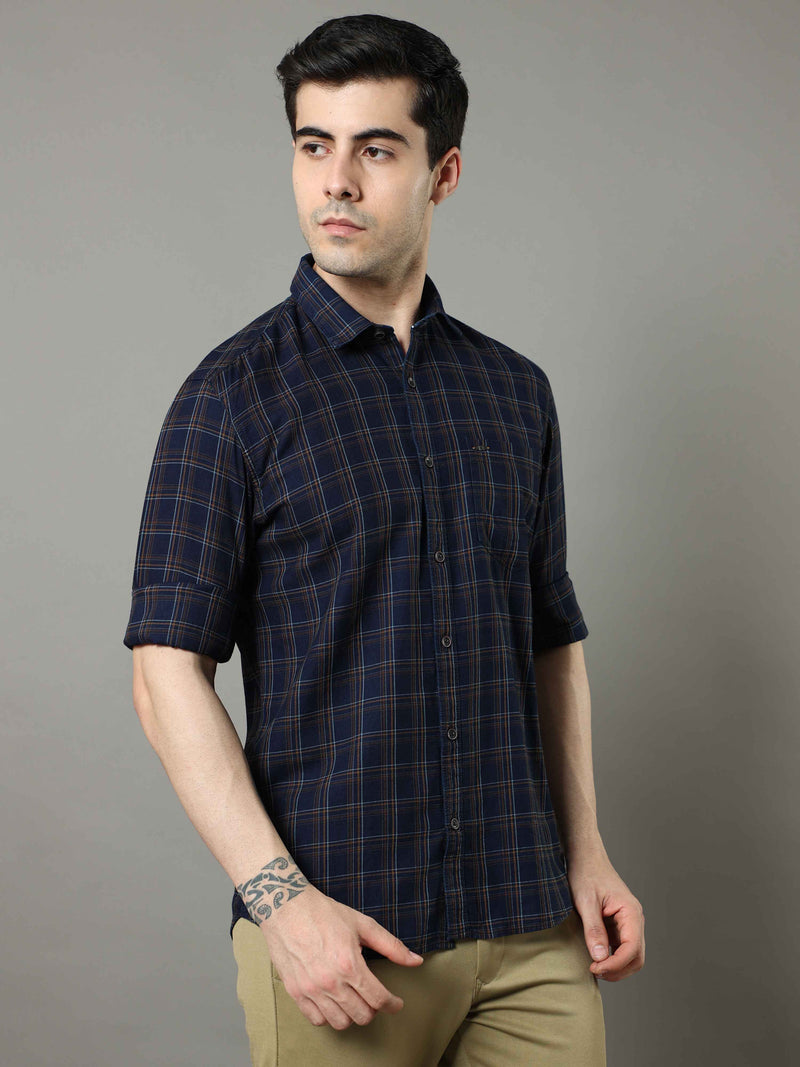 Shop Men's Navy - Mustard Slim Fit Cotton Casual Checks Shirt Online.