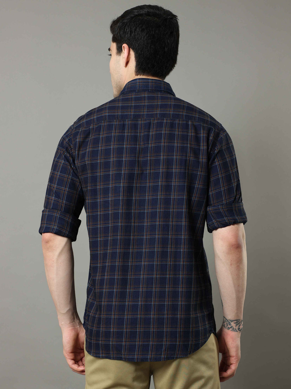 Shop Men's Navy - Mustard Slim Fit Cotton Casual Checks Shirt Online.