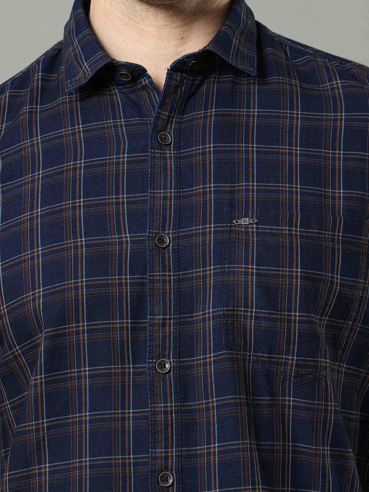 Shop Men's Navy - Mustard Slim Fit Cotton Casual Checks Shirt Online.