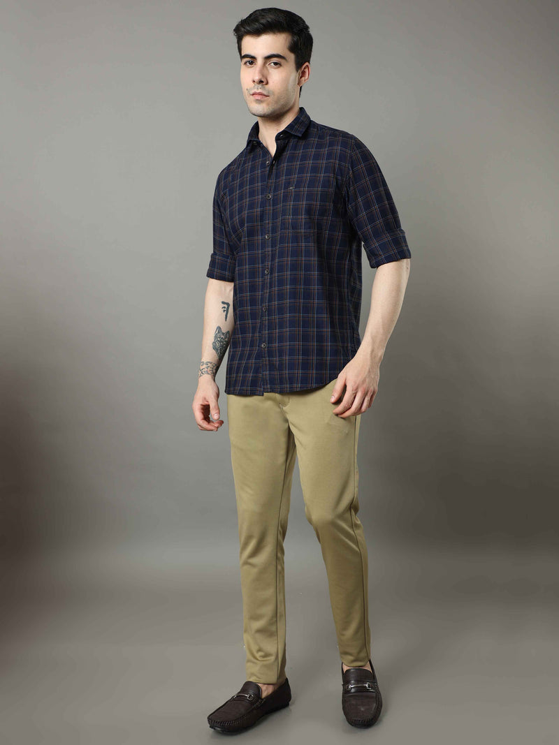 Shop Men's Navy - Mustard Slim Fit Cotton Casual Checks Shirt Online.