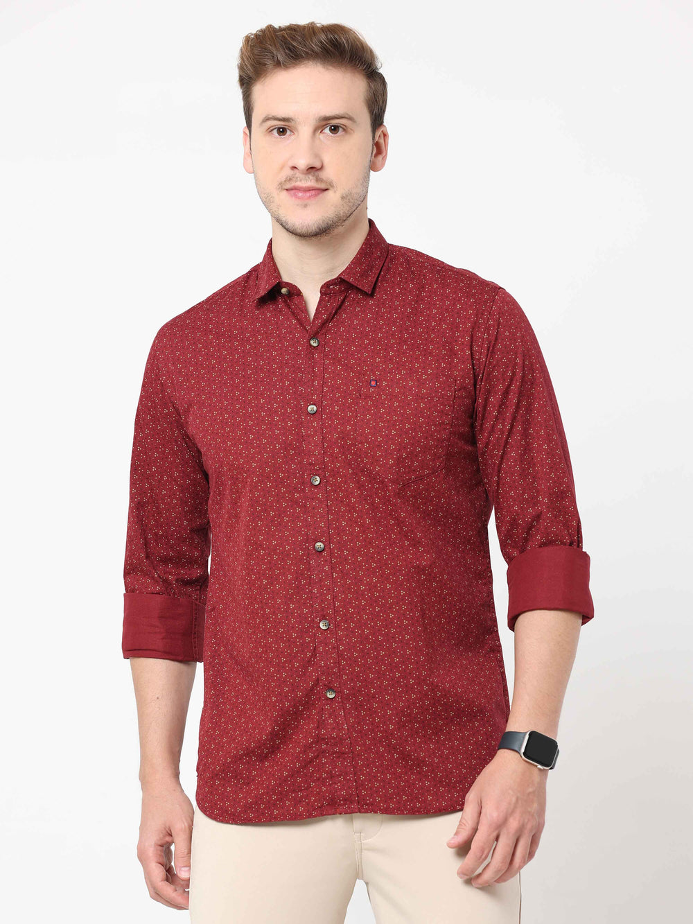 Men's Maroon Slim Fit Printed Full Sleeves Casual Shirts