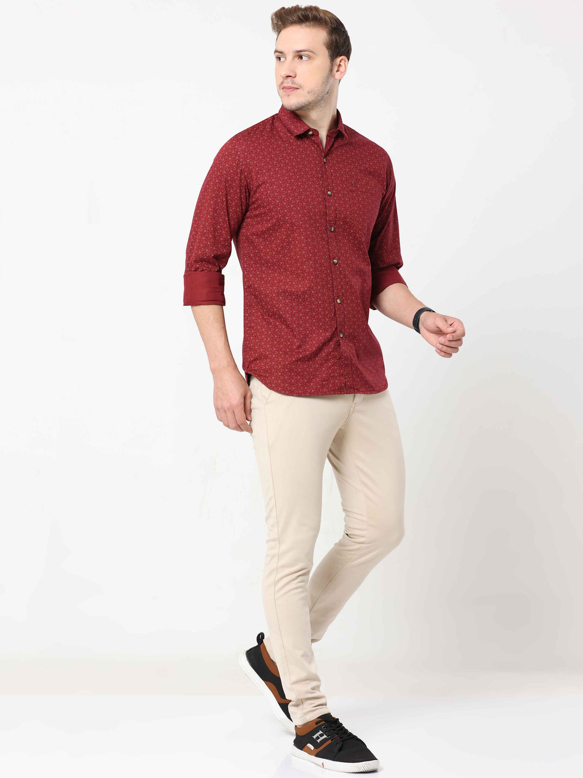 Men's Maroon Slim Fit Printed Full Sleeves Casual Shirts