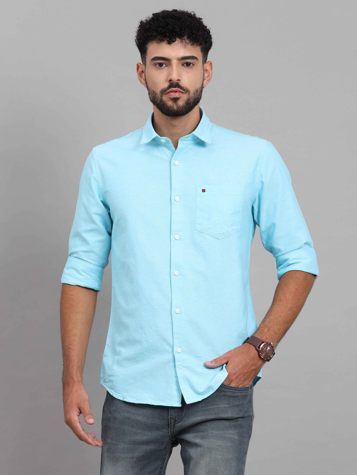 Men's Sky Blue Slim Fit Solid Full Sleeves Casual Shirts