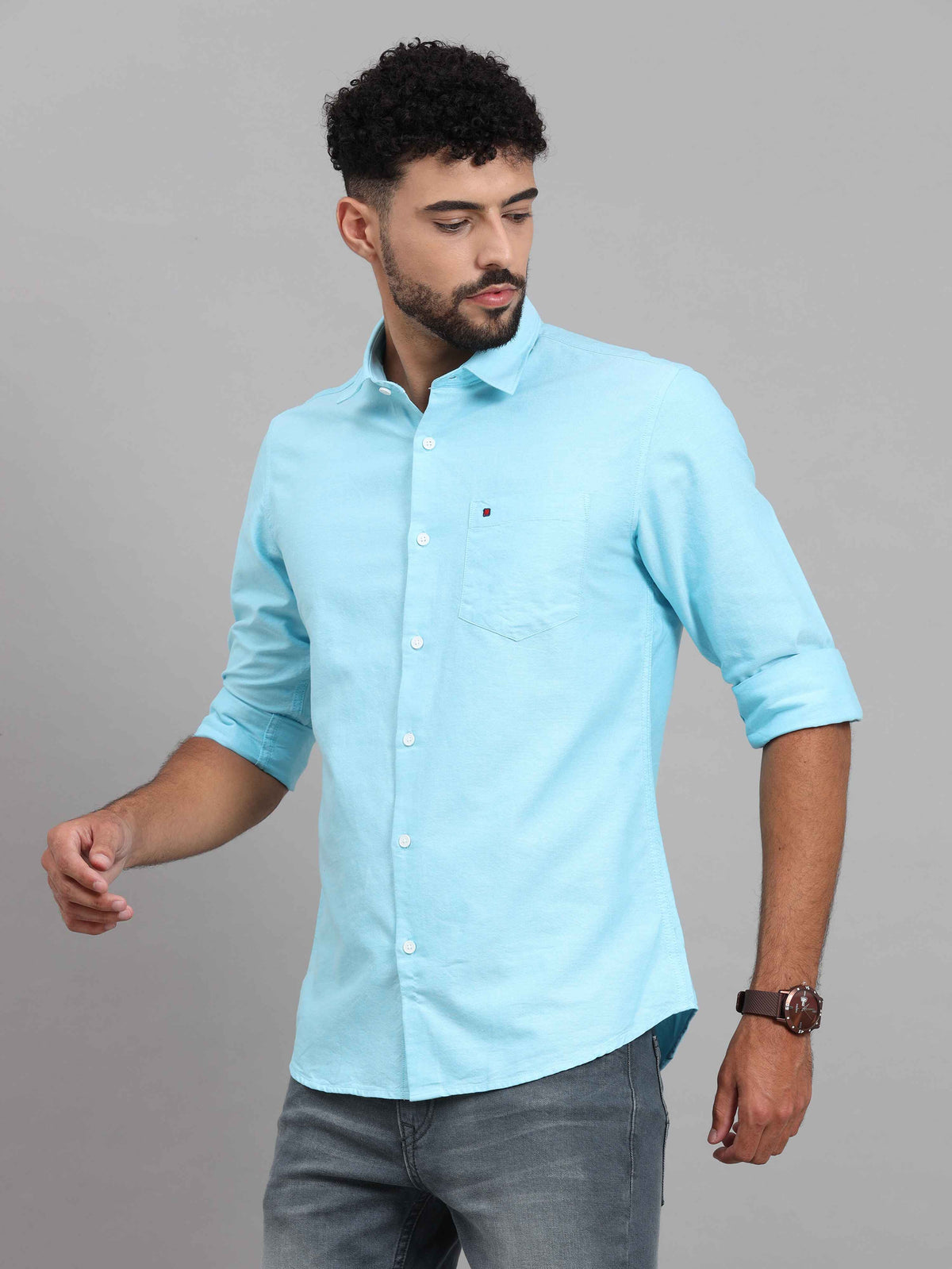 Men's Sky Blue Slim Fit Solid Full Sleeves Casual Shirts