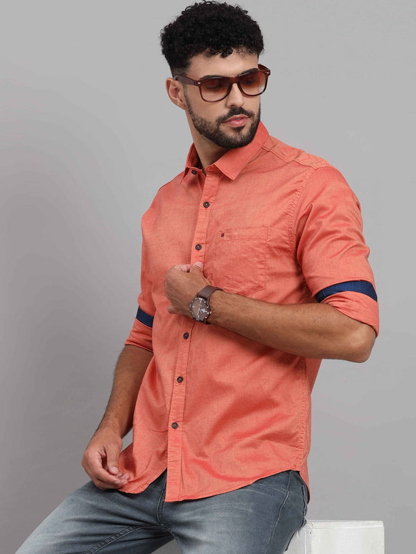 Men's Light Orange Slim Fit Solid Full Sleeves Casual Shirts