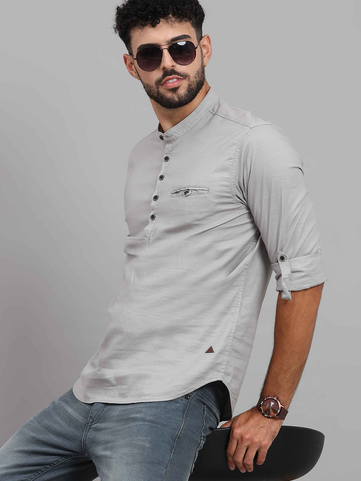 Shop Men's Grey Slim Fit Solid Full Sleeves Linen Casual Kurta Shirts Online.