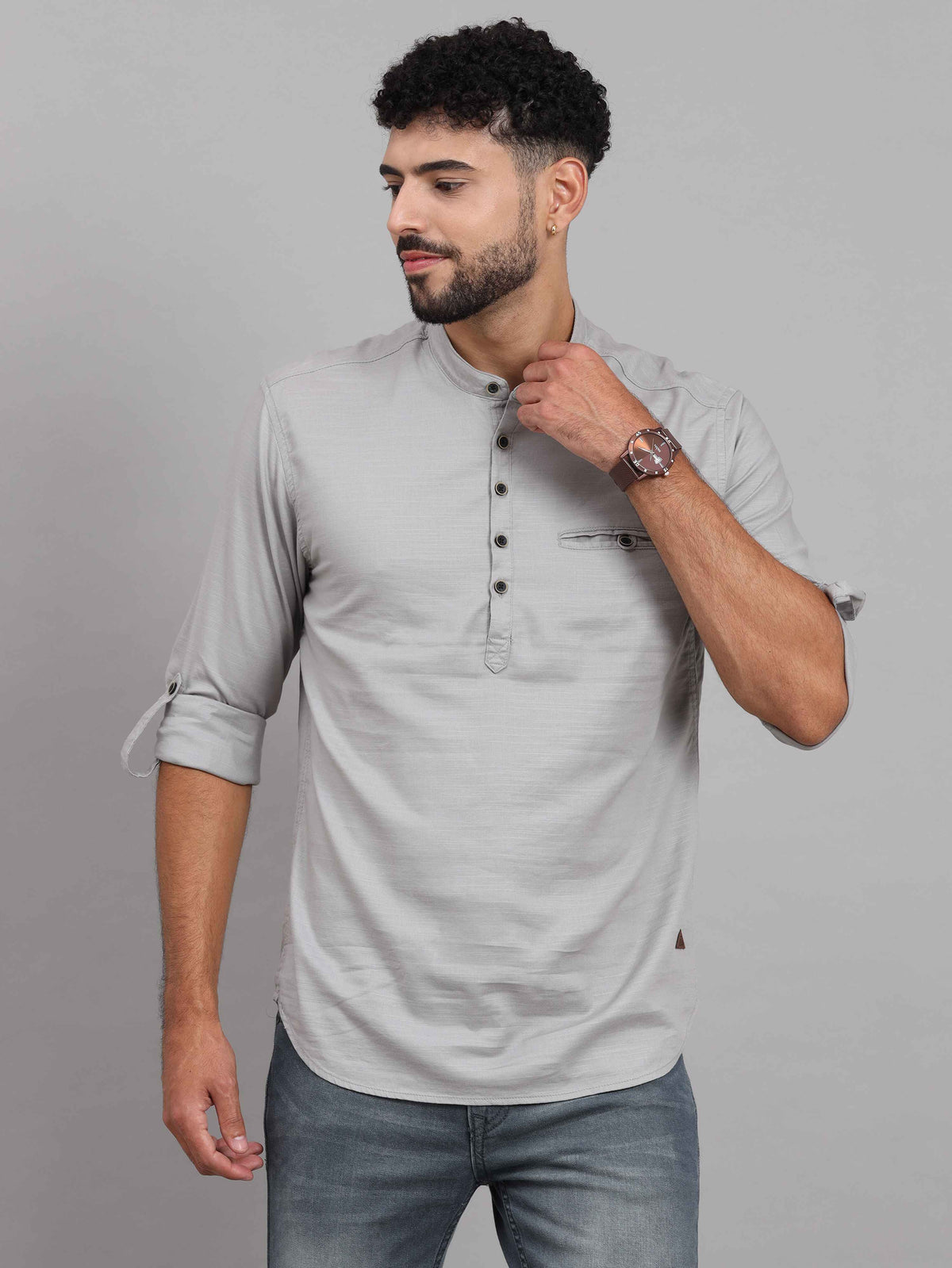 Shop Men's Grey Slim Fit Solid Full Sleeves Linen Casual Kurta Shirts Online.