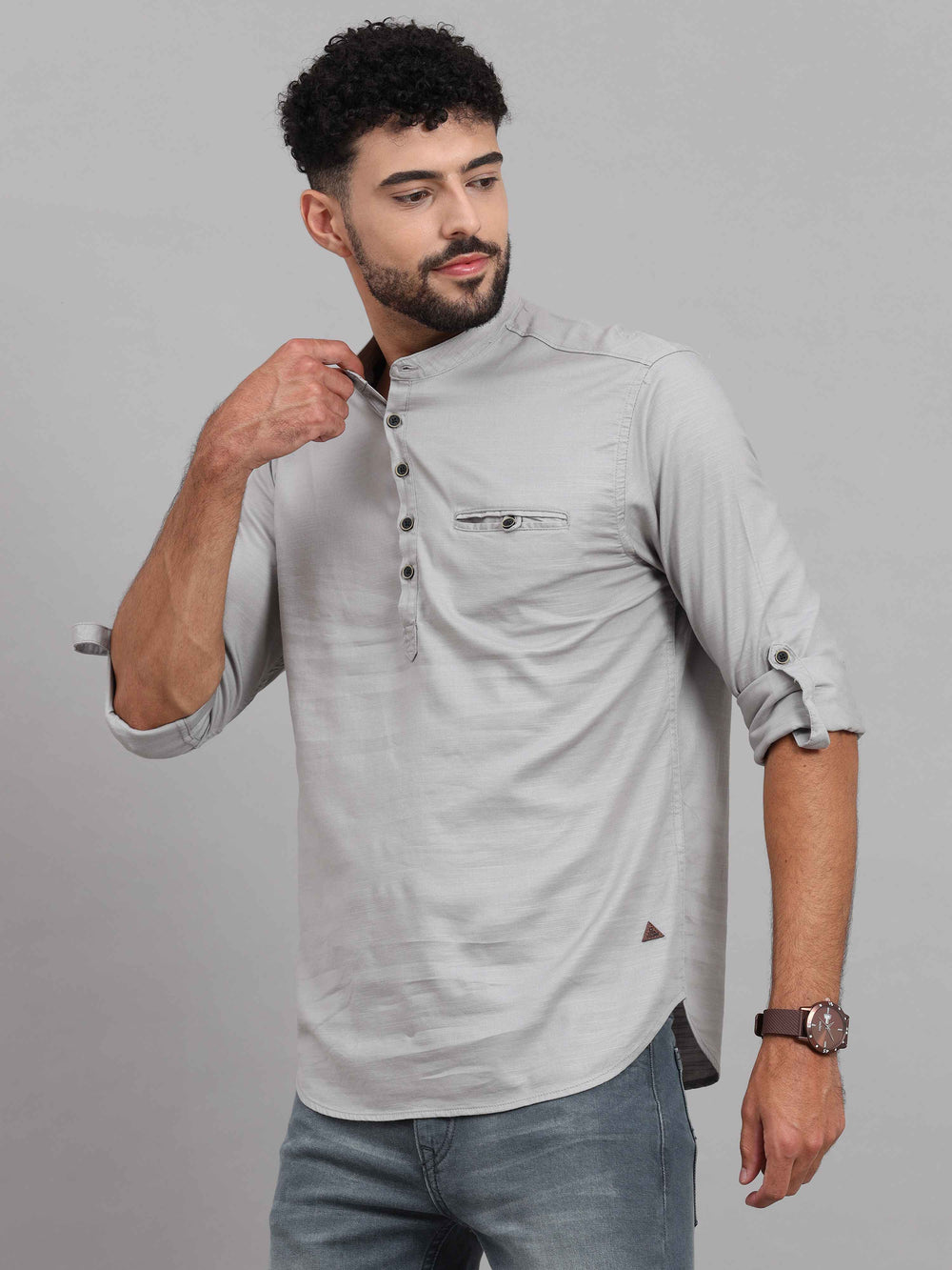 Men's Grey Slim Fit Solid Full Sleeves Linen Casual Kurta Shirts