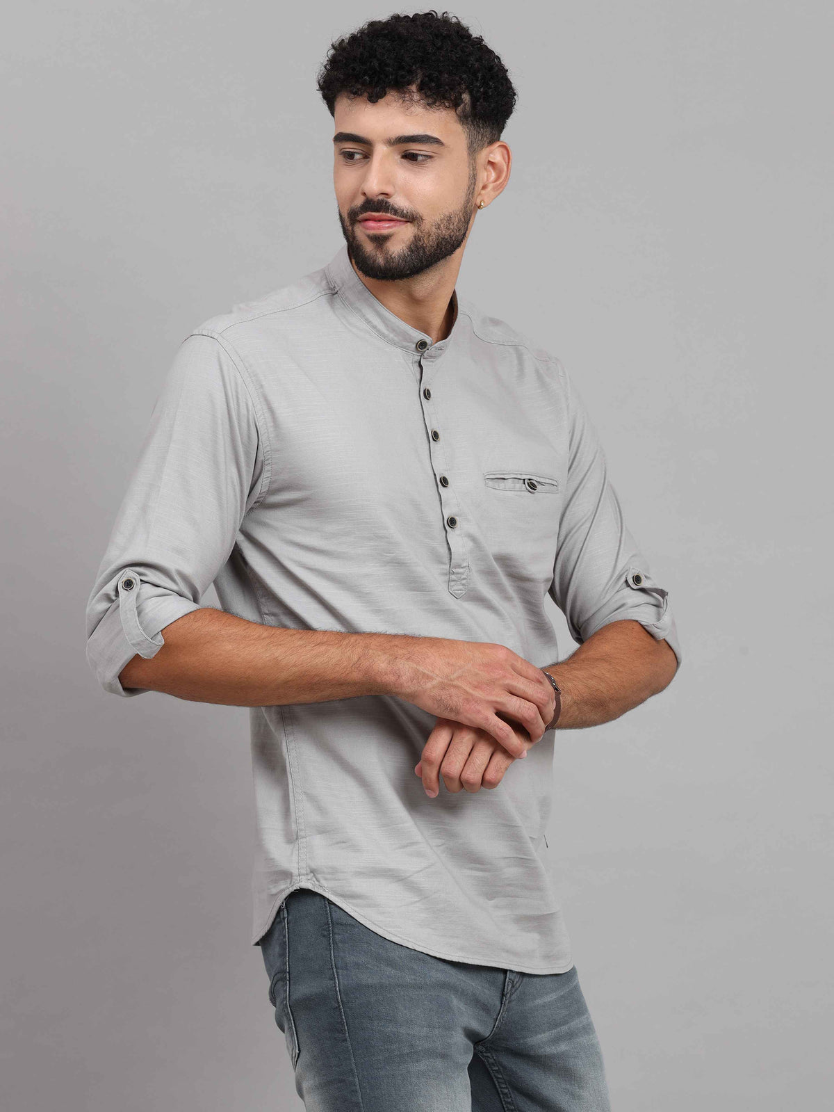 Shop Men's Grey Slim Fit Solid Full Sleeves Linen Casual Kurta Shirts Online.