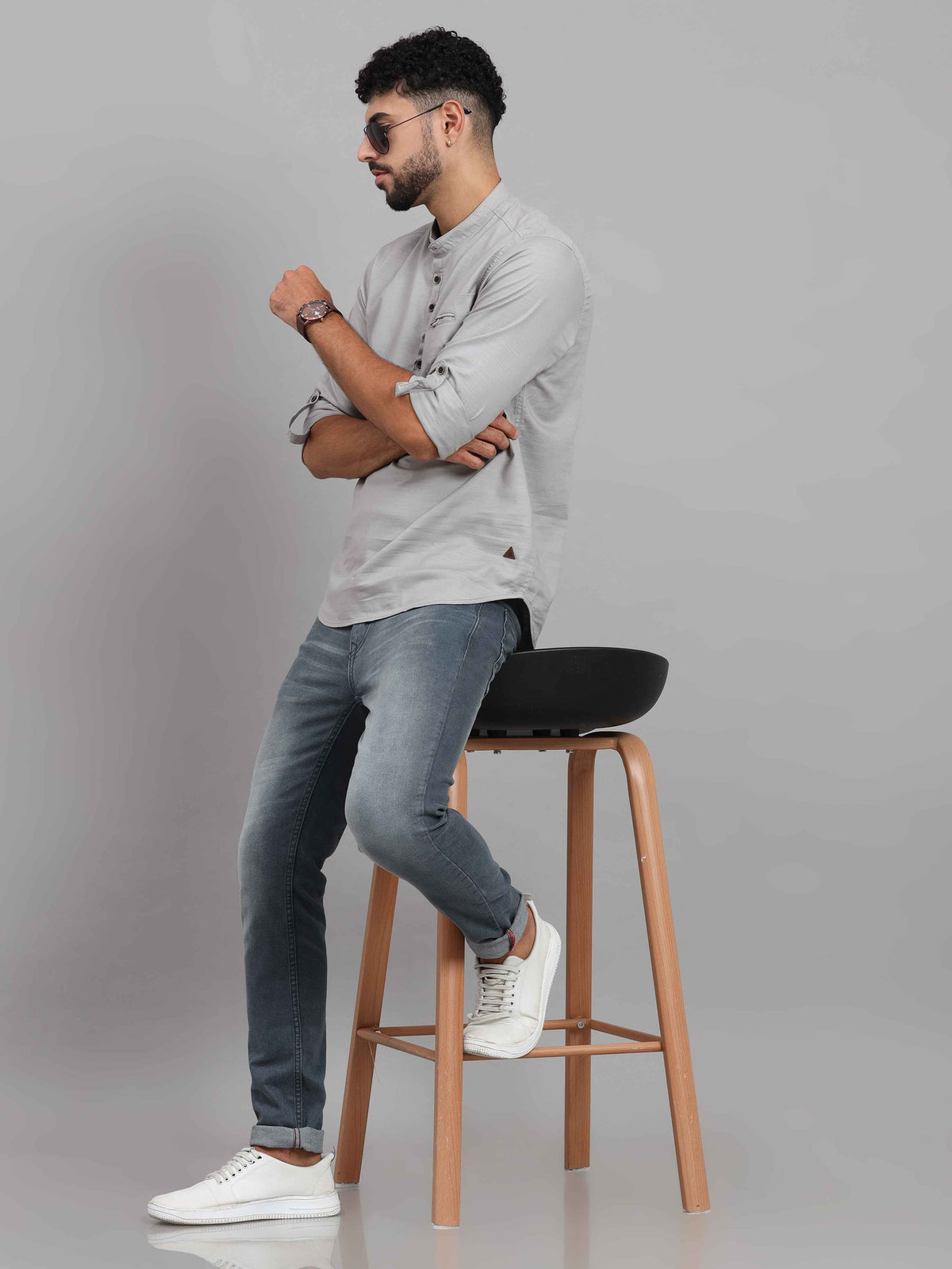 Men's Grey Slim Fit Solid Full Sleeves Linen Casual Kurta Shirts