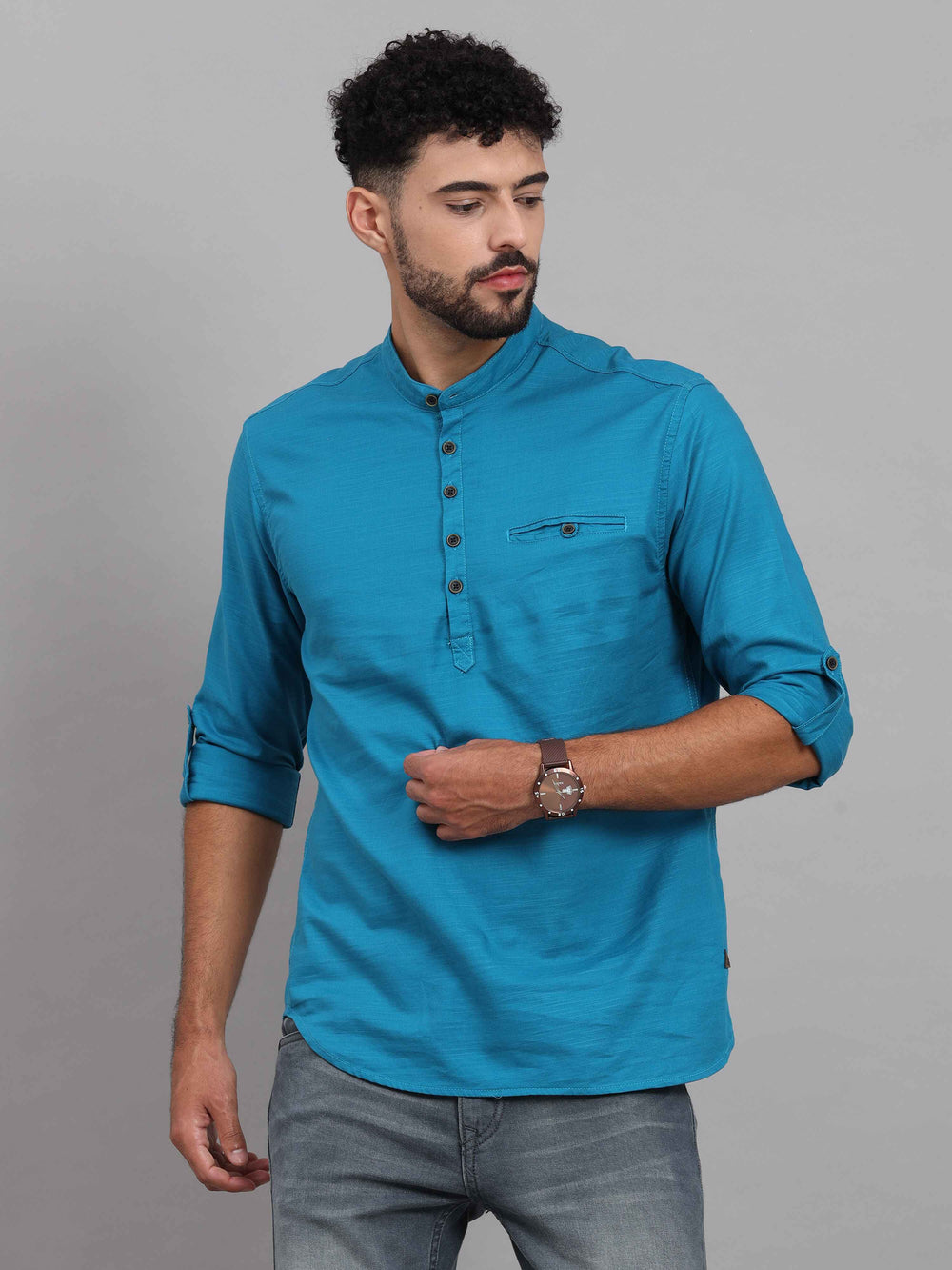 Men's Blue Slim Fit Solid Full Sleeves Linen Casual Kurta Shirts