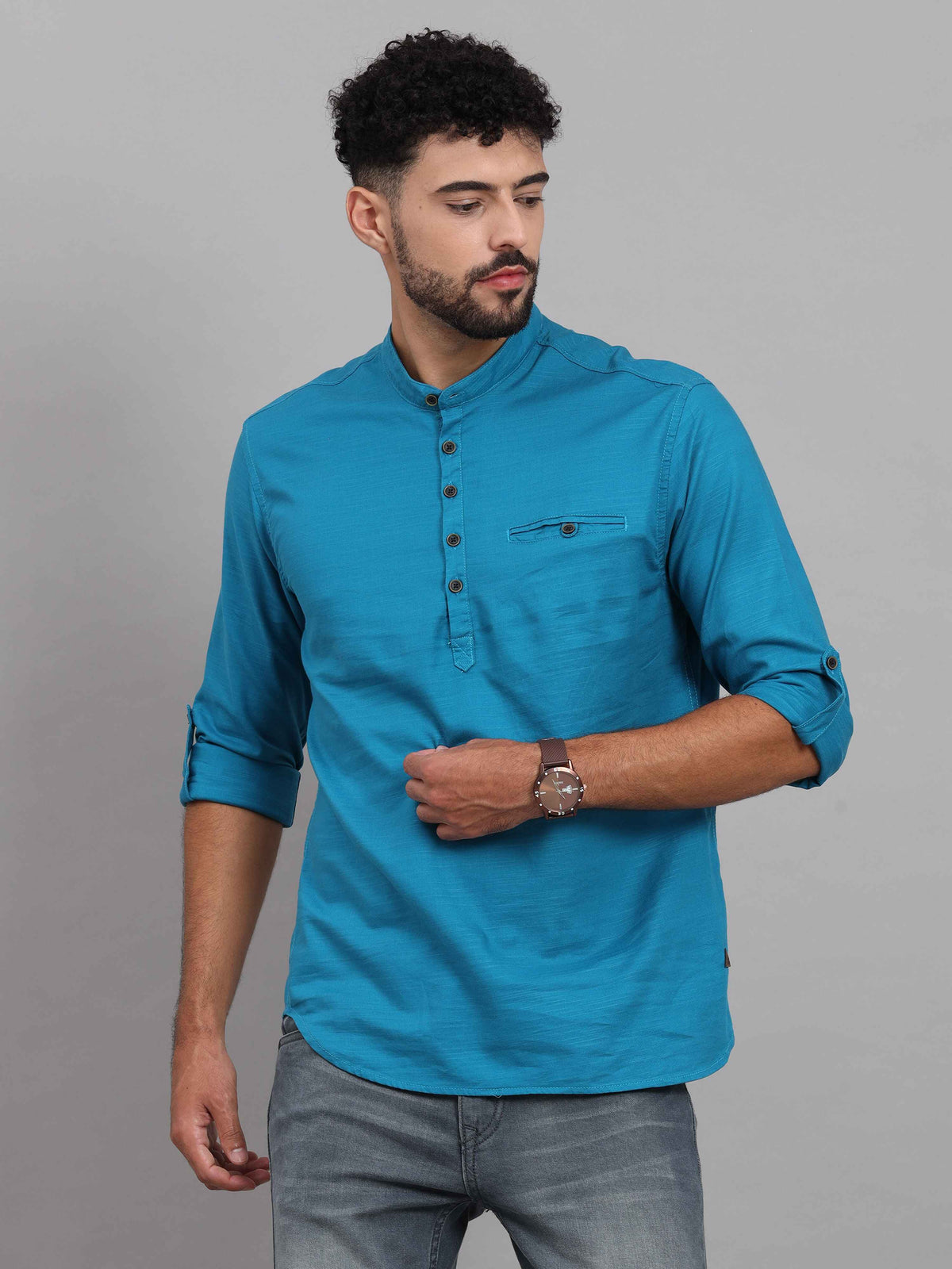 Shop Men's Blue Slim Fit Solid Full Sleeves Linen Casual Kurta Shirts Online.