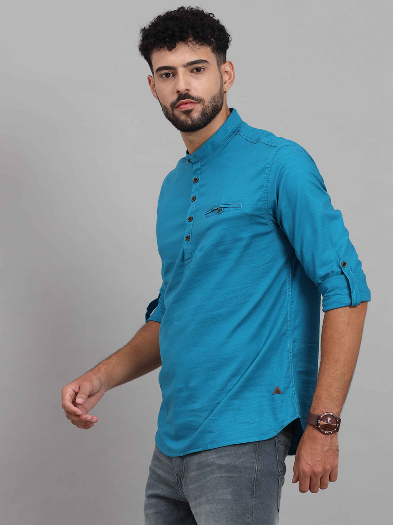 Shop Men's Blue Slim Fit Solid Full Sleeves Linen Casual Kurta Shirts Online.