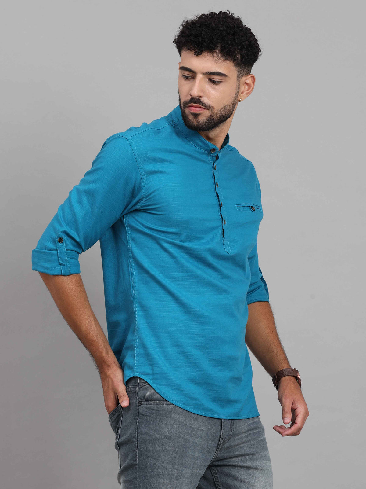 Shop Men's Blue Slim Fit Solid Full Sleeves Linen Casual Kurta Shirts Online.