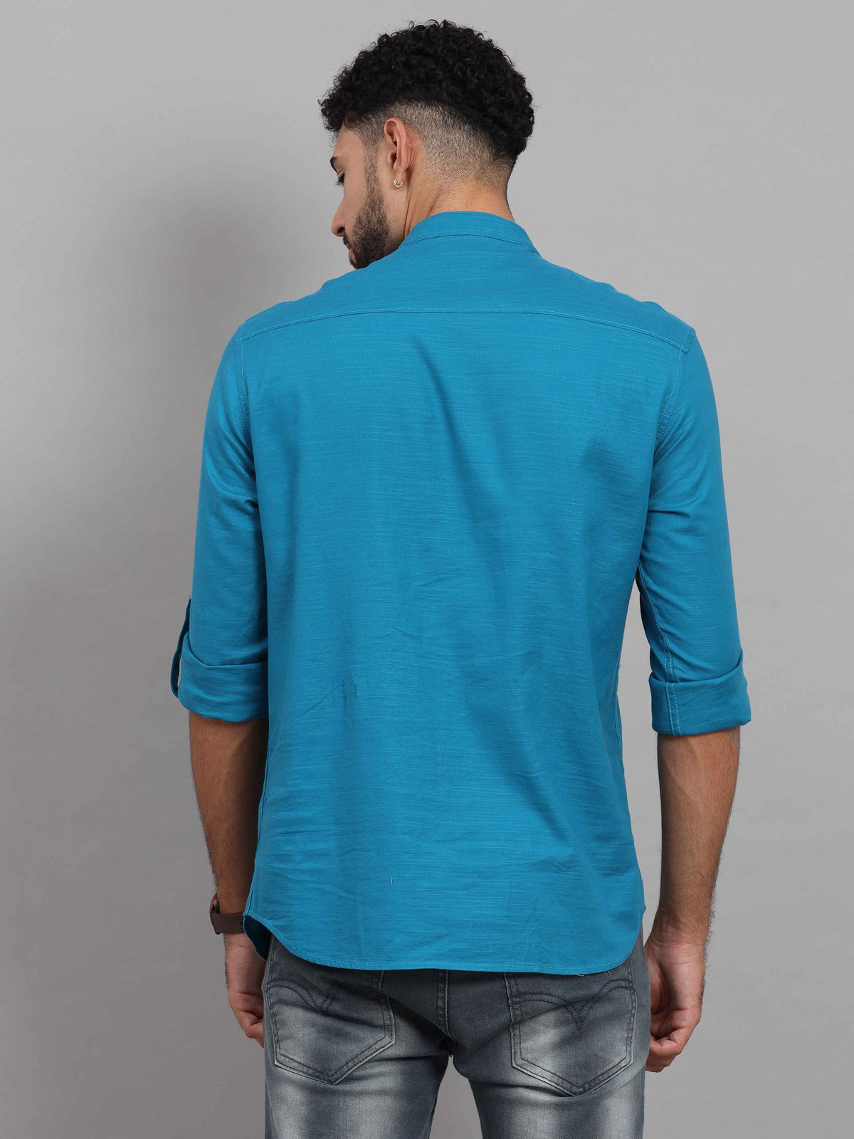 Men's Blue Slim Fit Solid Full Sleeves Linen Casual Kurta Shirts