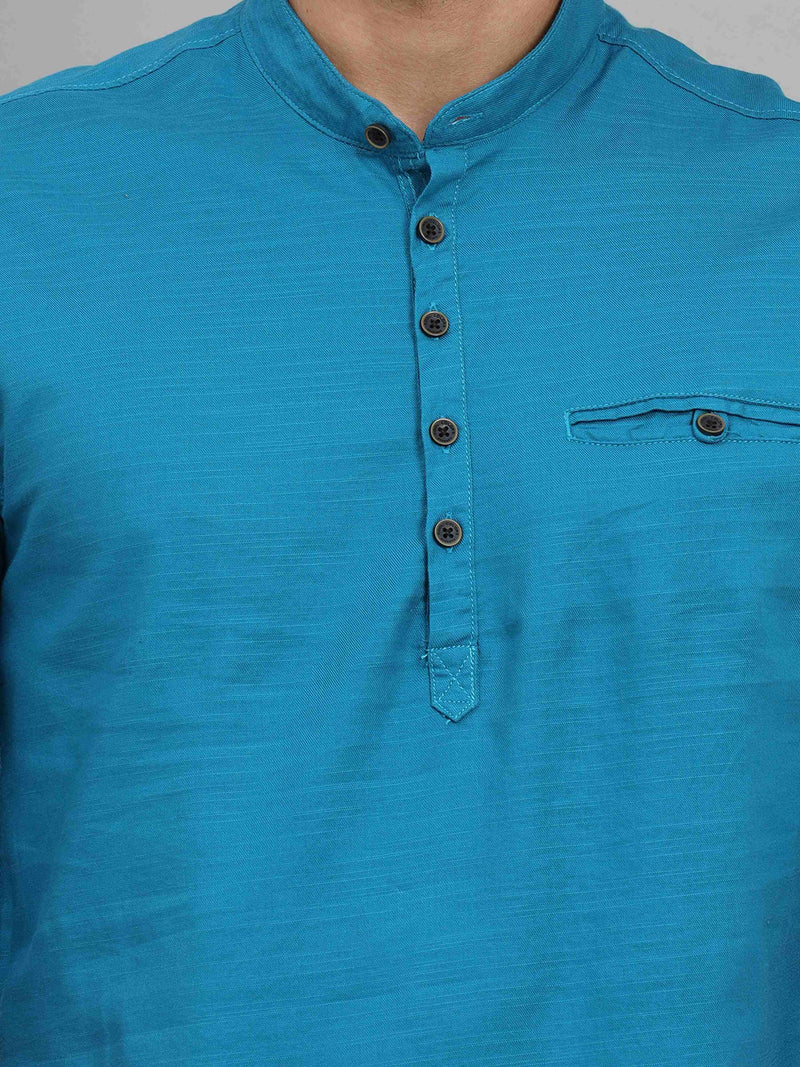 Shop Men's Blue Slim Fit Solid Full Sleeves Linen Casual Kurta Shirts Online.