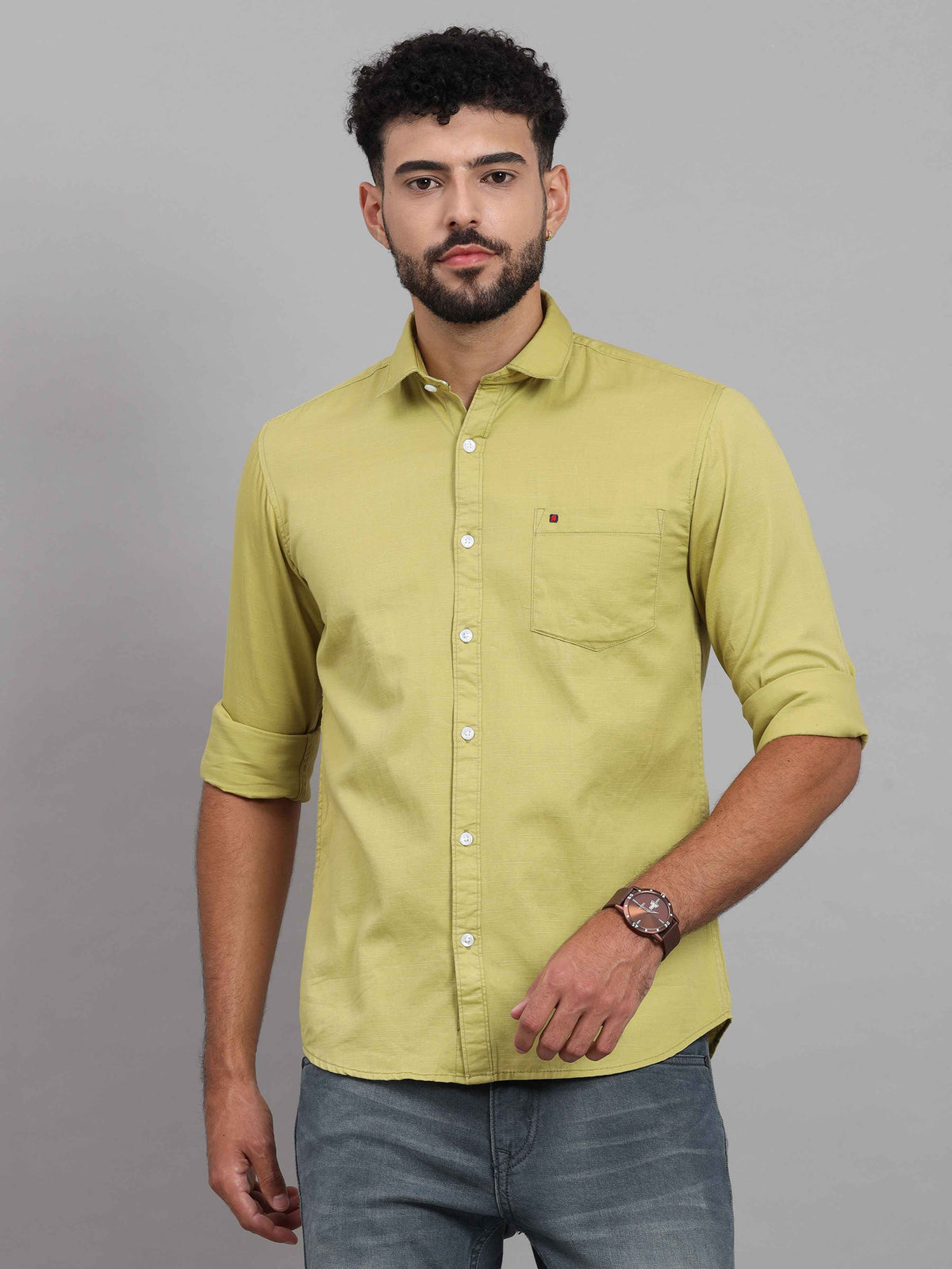 Men's Chartreuse Green Slim Fit Solid Full Sleeves Casual Shirts