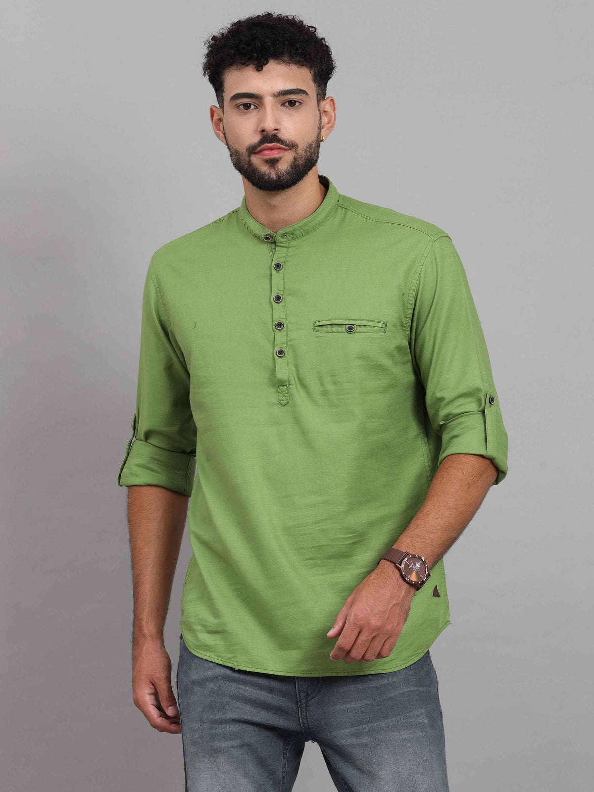 Shop Men's Green Slim Fit Solid Full Sleeves Linen Casual Kurta Shirts Online.