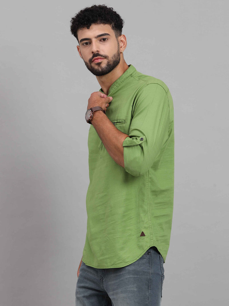 Shop Men's Green Slim Fit Solid Full Sleeves Linen Casual Kurta Shirts Online.