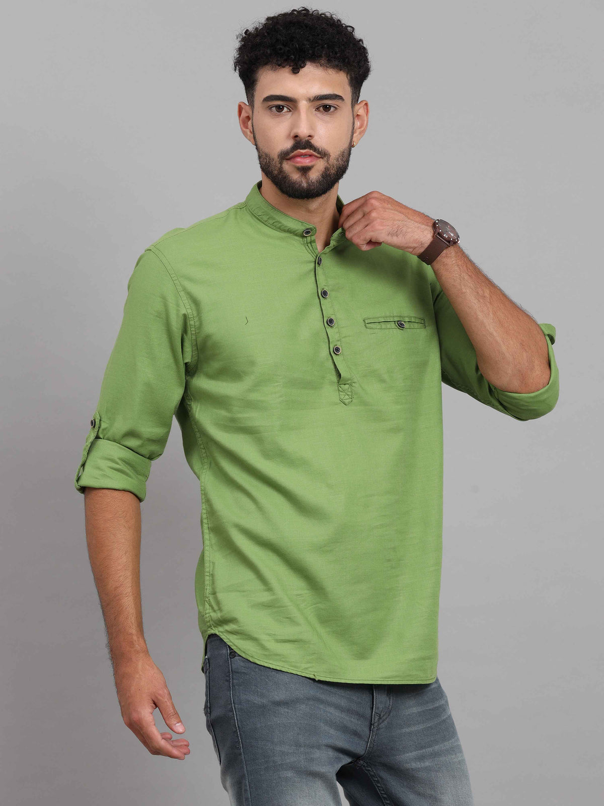 Men's Green Slim Fit Solid Full Sleeves Linen Casual Kurta Shirts