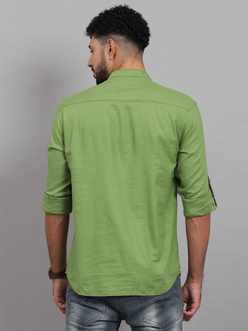 Shop Men's Green Slim Fit Solid Full Sleeves Linen Casual Kurta Shirts Online.