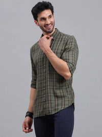 Men's Green Slim Fit Checks Full Sleeves Casual Shirts