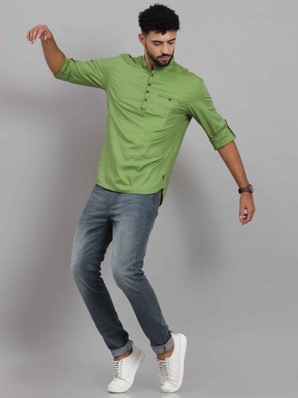 Men's Green Slim Fit Solid Full Sleeves Linen Casual Kurta Shirts