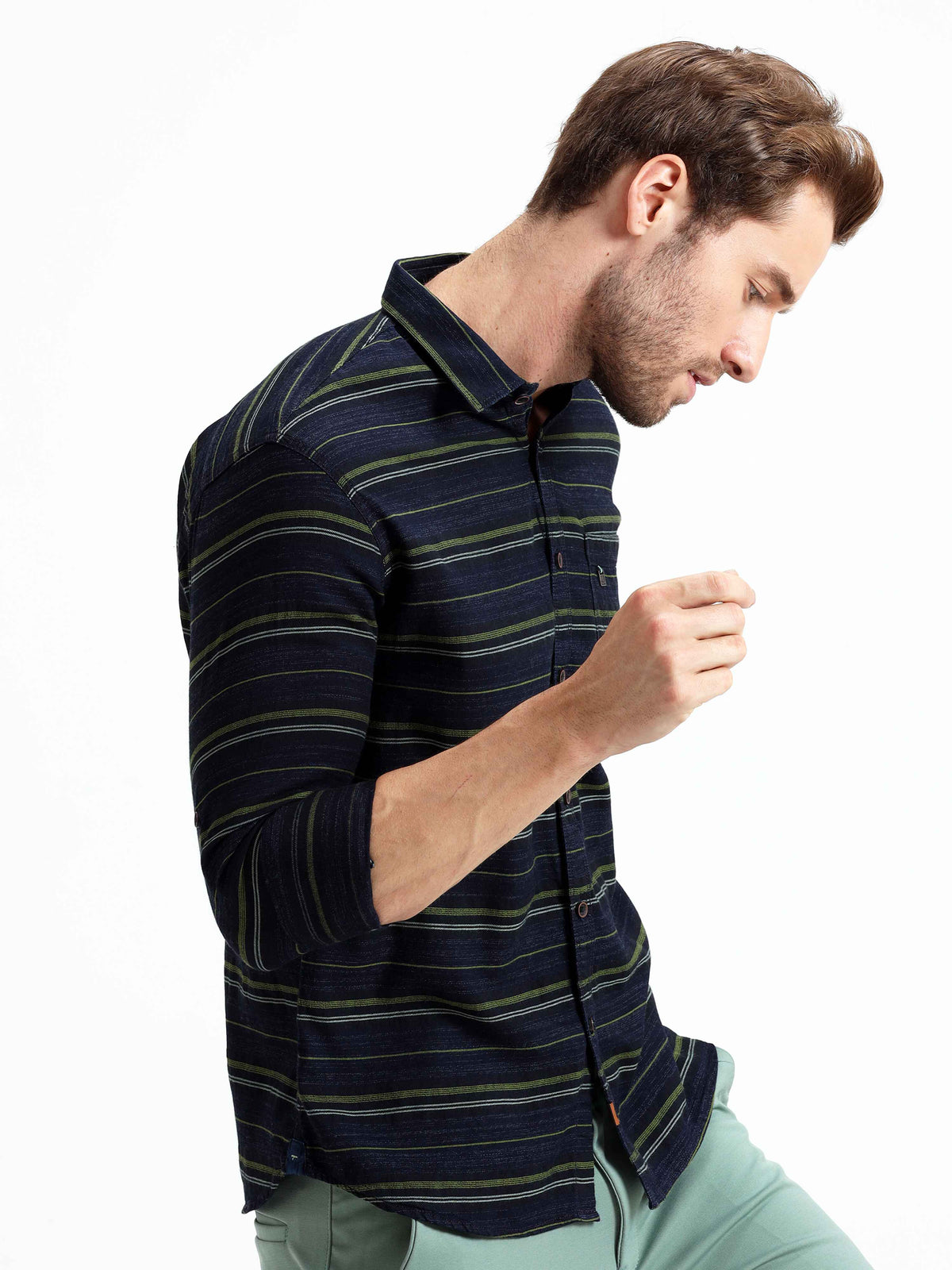 Shop Men's Green Slim Fit Stripes Full Sleeves Casual Shirts Online.