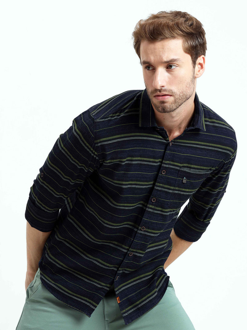 Shop Men's Green Slim Fit Stripes Full Sleeves Casual Shirts Online.