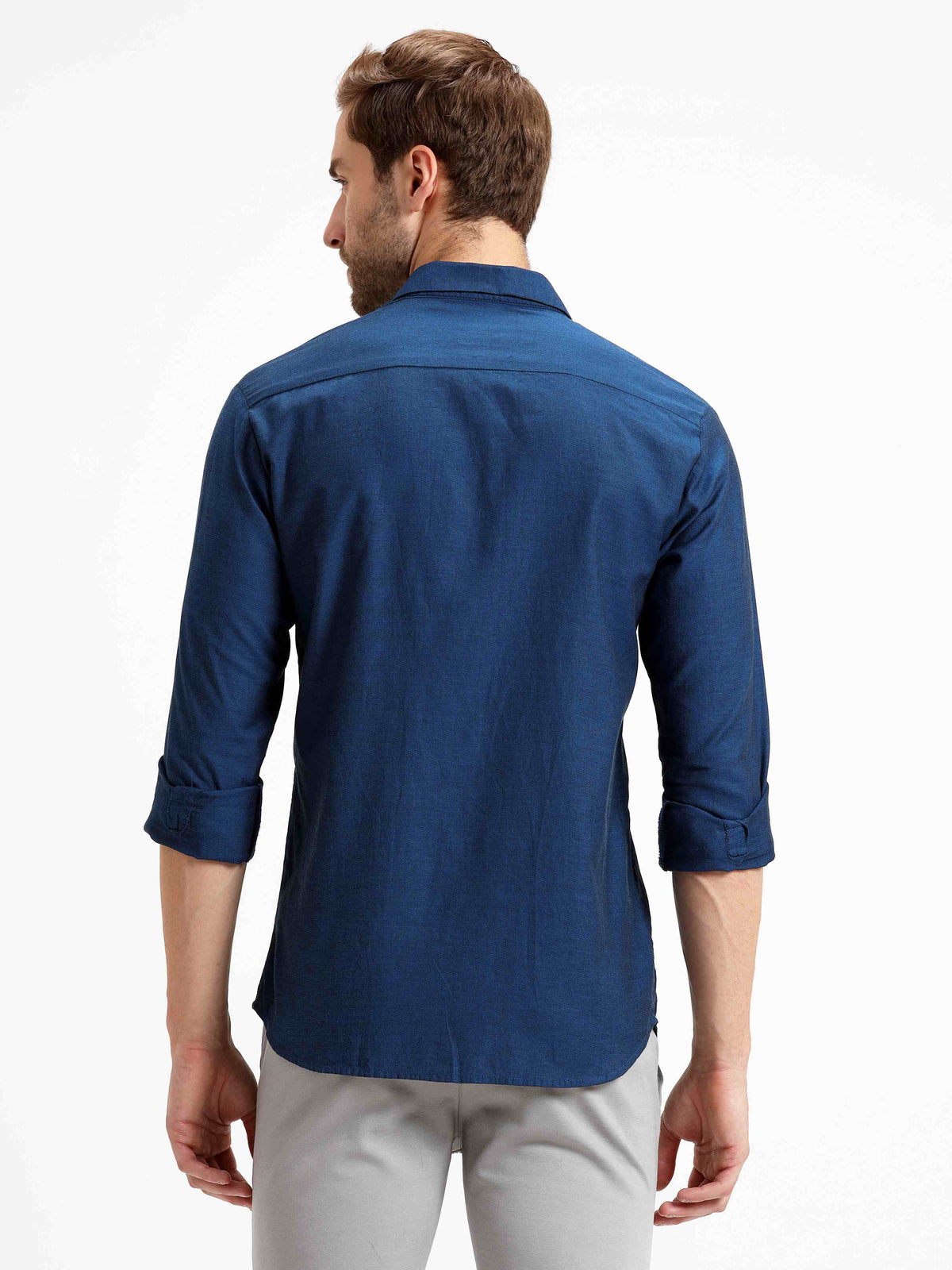 Shop Men's Blue Slim Fit Solid Full Sleeves Casual Shirts Online.