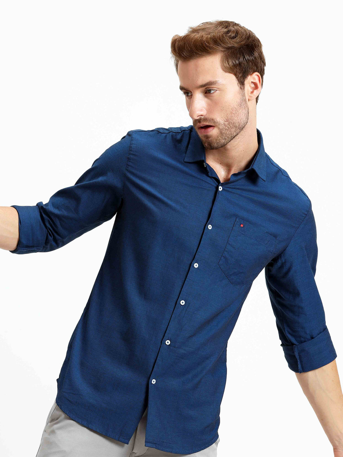 Shop Men's Blue Slim Fit Solid Full Sleeves Casual Shirts Online.