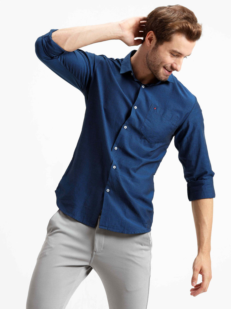 Shop Men's Blue Slim Fit Solid Full Sleeves Casual Shirts Online.