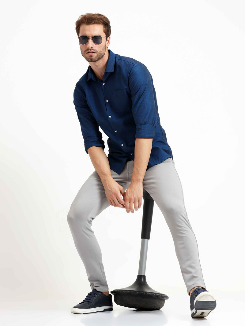 Shop Men's Blue Slim Fit Solid Full Sleeves Casual Shirts Online.