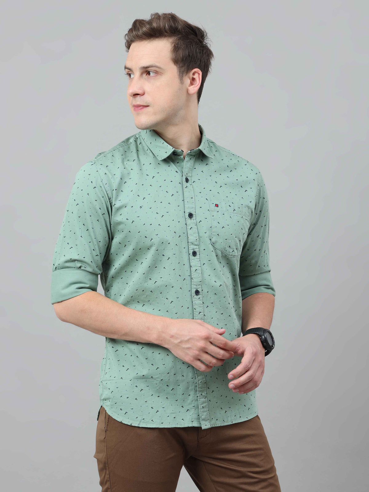 Men's Light Green Slim Fit Printed Full Sleeves Casual Shirts